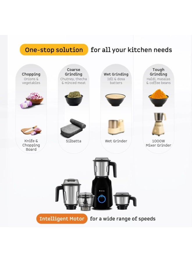 Atomberg Yulia 750 Watt Mixer Grinder | 4 Multipurpose Jars including Chopper Jar | Coarse Mode for Silbatta-like Textures | Powerful Intelligent Motor | Advanced Safety Features | Gloss Black - Image 2